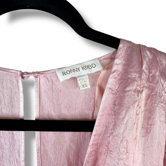 RONNY KOBO NWOT Blush Pink Satin Mindy Puff-Sleeve Faux Wrap Flounce Mini Dress - Picture 7 of 12
